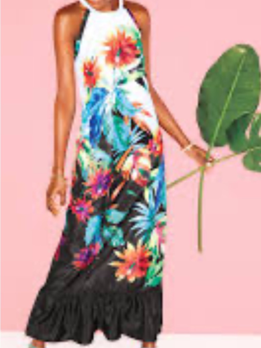 Floral Halter Maxi Dress in Black with Multicolor Print
